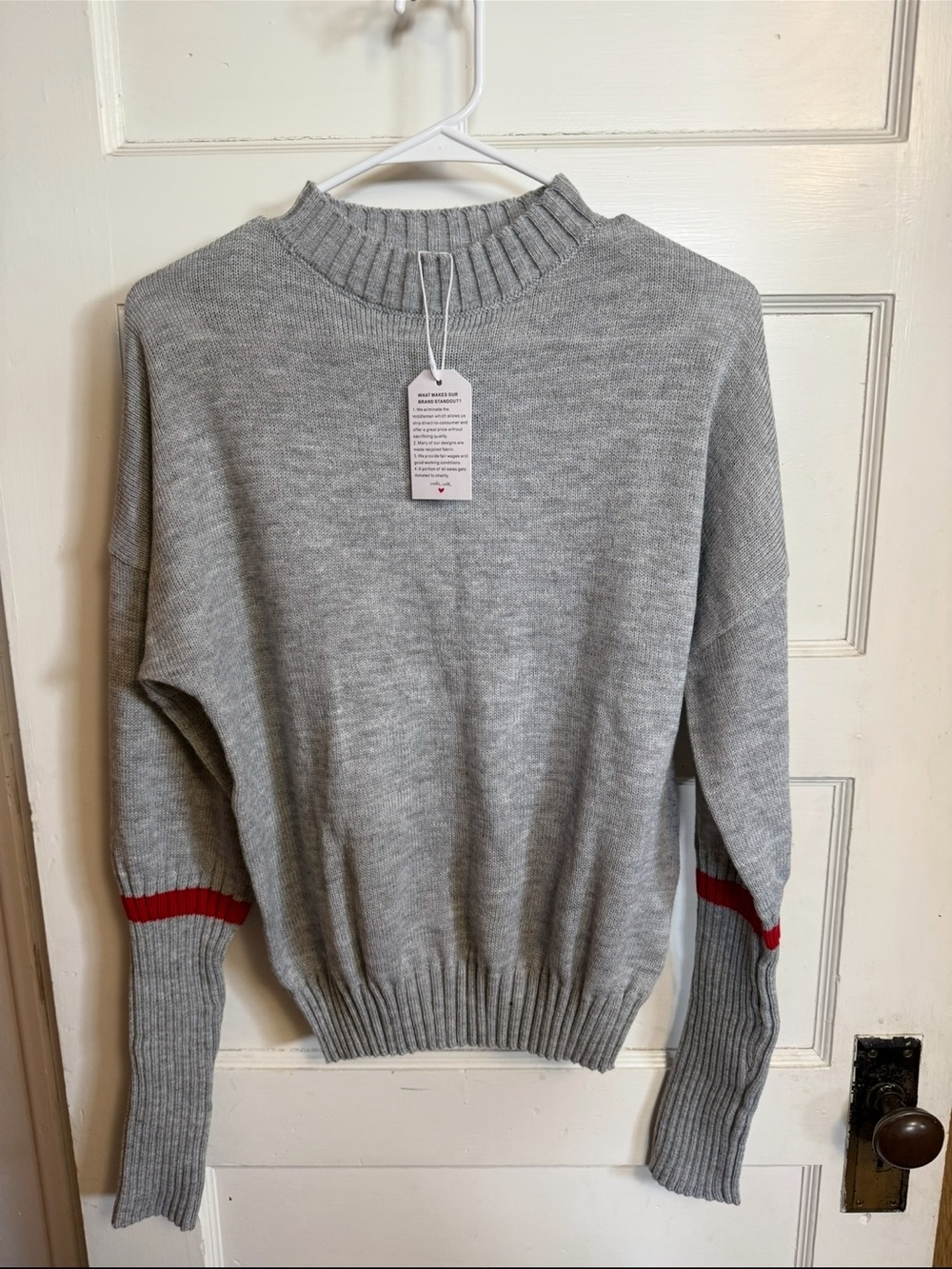 Grey sweater w/red stripe on arms, ribbed  neckline, arms, and waistband, SZ MD